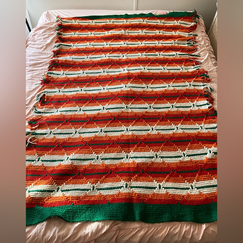 Vintage 1970’s Crochet Afghan Southwest Native Orange Red Green Cream 52”x83”